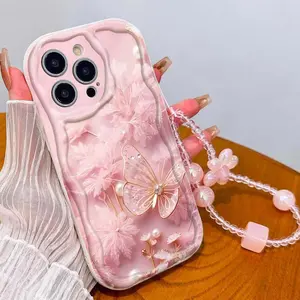 Butterfly Pearl Strap Pattern Tpu Wave Edge Anti-Drop Phone Case for Apple iPhone 17 Pro Max/16/16 Pro Max/11/13/14/15, Girl's Festival Gift