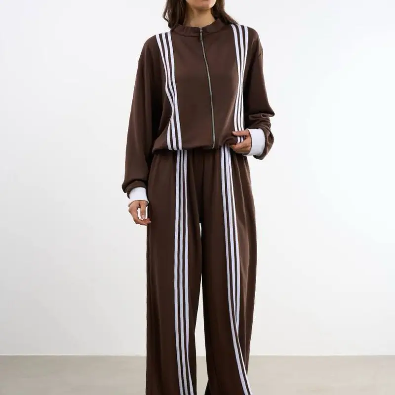 Brown Women Minimalist Two-Tone Lounge Set, Jogger Set, Oversized Sweatshirt & Joggers, Chic Errand Fit Pants Womenswear Clothes Comfy Long Sleeve Winter Women's Plus Size Hooded Set Cozy Solid ed hardy outfit, Aesthetic, Polyester, Spandex