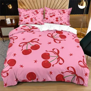 Bow Cherry Pattern Duvet Cover Set, Soft And Durable Bedding Set, Comfy Bed Sets, Contains 1 Duvet Cover And 1 Or 2 Pillowcases, Daily Holiday Birthday Gift Bedroom Decor For Kids And Adults, Bed Sets