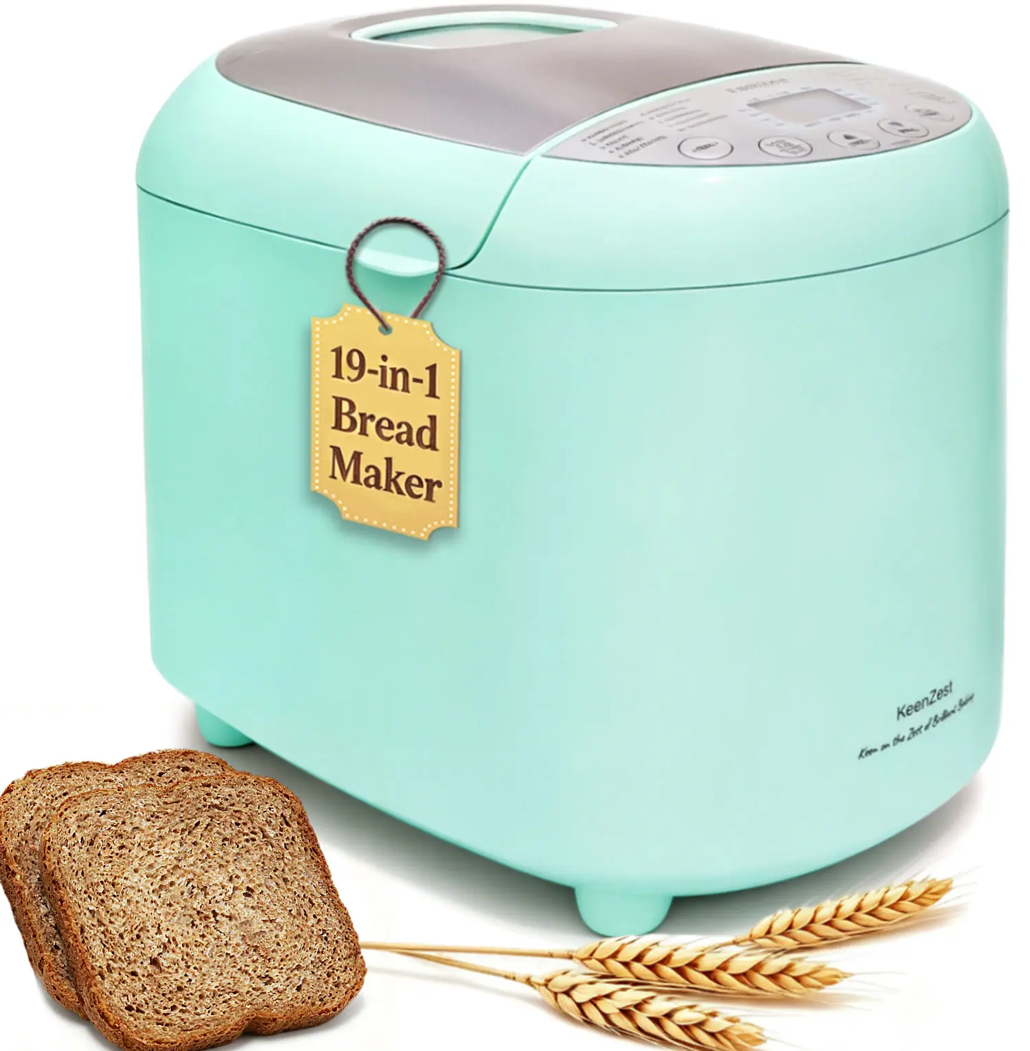 KeenZest Automatic 19-in-1 Bread Machine (Mint Green) - 2LB,1.5LB,1LB Capacity, Whole Wheat & Gluten-Free Settings, Homemade Cycle, 15H Delay Timer, Recipes Included, ETL Certified, Grounded Plug for Beginners