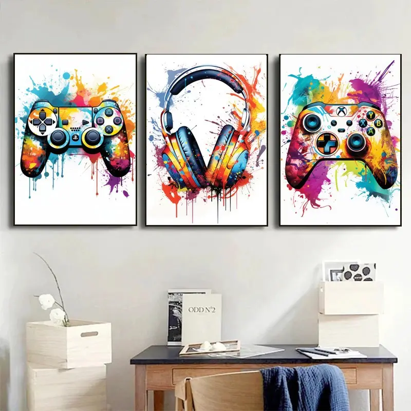 Gaming Room Decor Wall Art Set of 3 - Video Gaming Controller Gamer Wall Decor, Gaming Canvas Poster Room Decor for Boys Room Kids Game Room Bedroom Unframed Art Print, Canvas Prints, Modern Home Decor, Modern Home Decoration