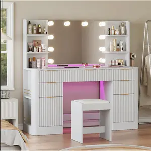 51.8" Fluted Vanity Desk with Mirror and Adjustable LED Lights, Large 5Drawers Makeup Table with Glass Top and Charging Station for Women and Girls, Bedroom or Dorm, Natural Oak