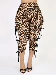 Elegant Slimming Seven-Quarter Pants, High-Waisted Leopard Print Comfortable Butt-Lifting, Bowknot Sports Pants for Women High Waisted Legging Athletic Leggings High Stretch Bottoms
