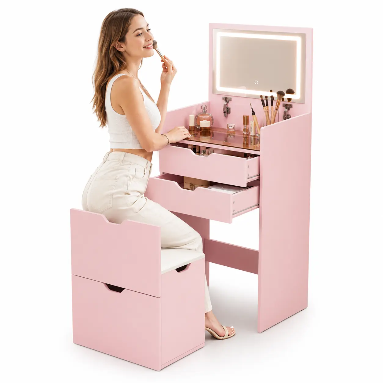 3-in-1 Indoor Makeup Vanity Table Set with Storage Stool, Lighted HD Mirror, 3-Color LED Lighting, and 2 Sliding Drawers