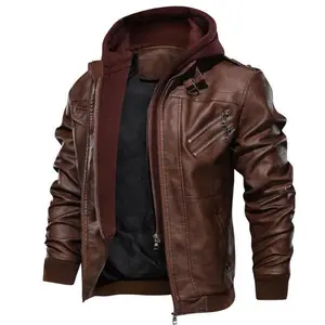 Men Brown Leather Motorcycle Jacket with Removable Hood Hoodie Casual