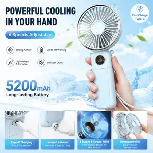 portable fan for summer, 3-in-1 Folding Handheld/Neck/Desktop Portable Turbine Fan, Quiet Fan with Base, USB rechargeable portable fan, 6-Speed Adjustable Pocket Cooling Fan for Travel/Camping/Office/Makeup use little, Multifunction Rechargeable Fan,