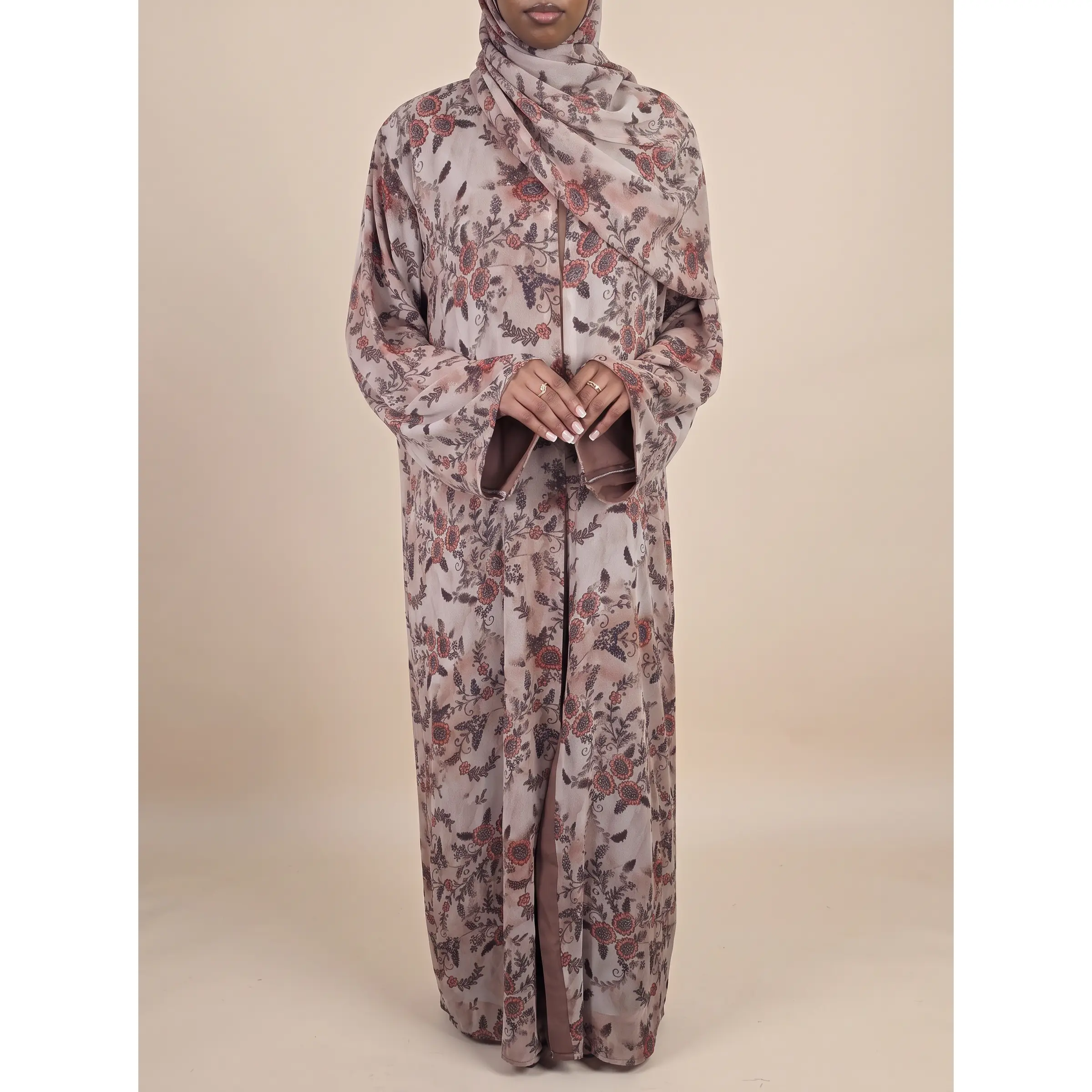 Zahra Blush Floral Double Chiffon Abaya Set