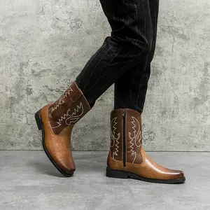 Men's High Top Western Cowboy Boots - Casual Synthetic Leather with Zipper Round Toe Rubber Sole for Outdoor Hiking & Street Wear - All Seasons Horseback Riding