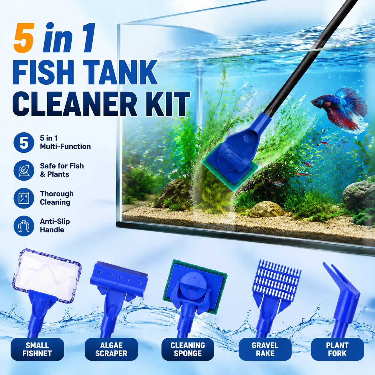5 in 1 Fish Tank Cleaner Kit Aquarium Cleaning Tools with 19 Inch Anti-Slip Handle Fish Tank Cleaner with Algae Scraper and Fish Net