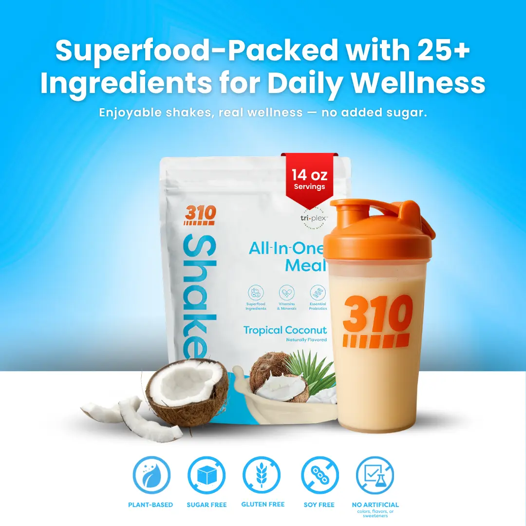 310 Nutrition – Tropical Coconut – Quick Meal Replacement Shake, Plant-Based Protein with 25+ Nutrients On-The-Go - 14 Servings