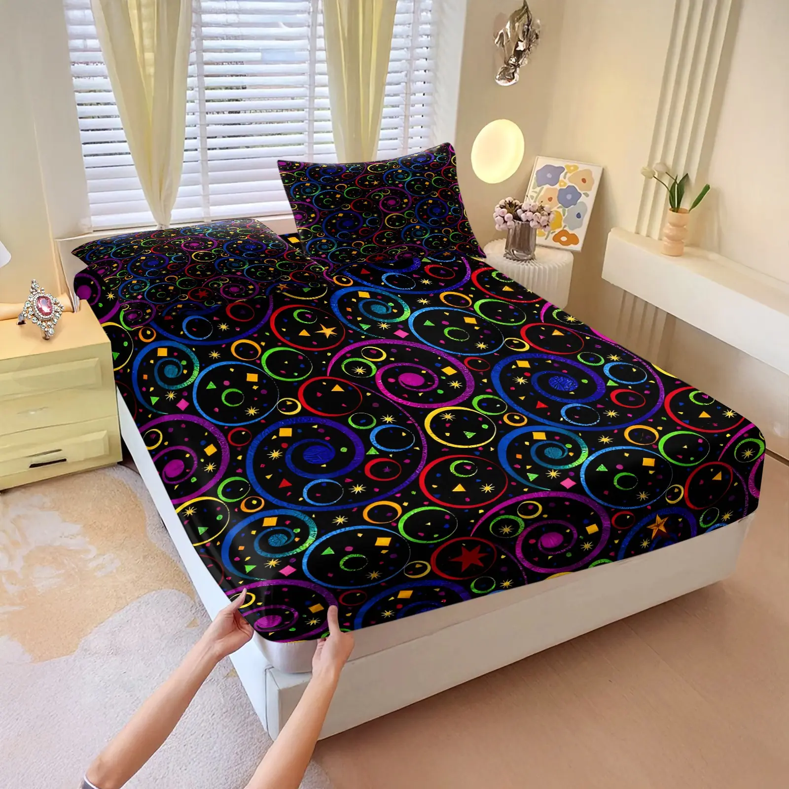 Colorful geometric pattern printed fitted sheet set, Soft Material, Includes 1 Fitted Sheet & 2 Pillowcases without Filler,Stylish and vibrant color scheme,Comfortable and soft bedding,Suitable for all seasons,Ideal for home bedrooms and hotels.