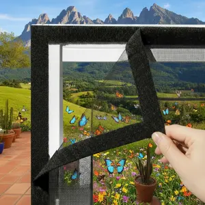 Black Self-Adhesive Window Screen Net Kit - Anti-Mosquito & Insect Mesh with Hook and Loop, No-Drill Breathable Trimmable Window Mounted Fly Screen for Home, Bedroom, Kitchen, Living Room