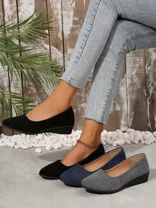 Women’s Suede Ballet Flats with Low Wedge – Round Toe Slip-On Loafers, All Day Comfort Footwear for Business Office Work & Daily Commute