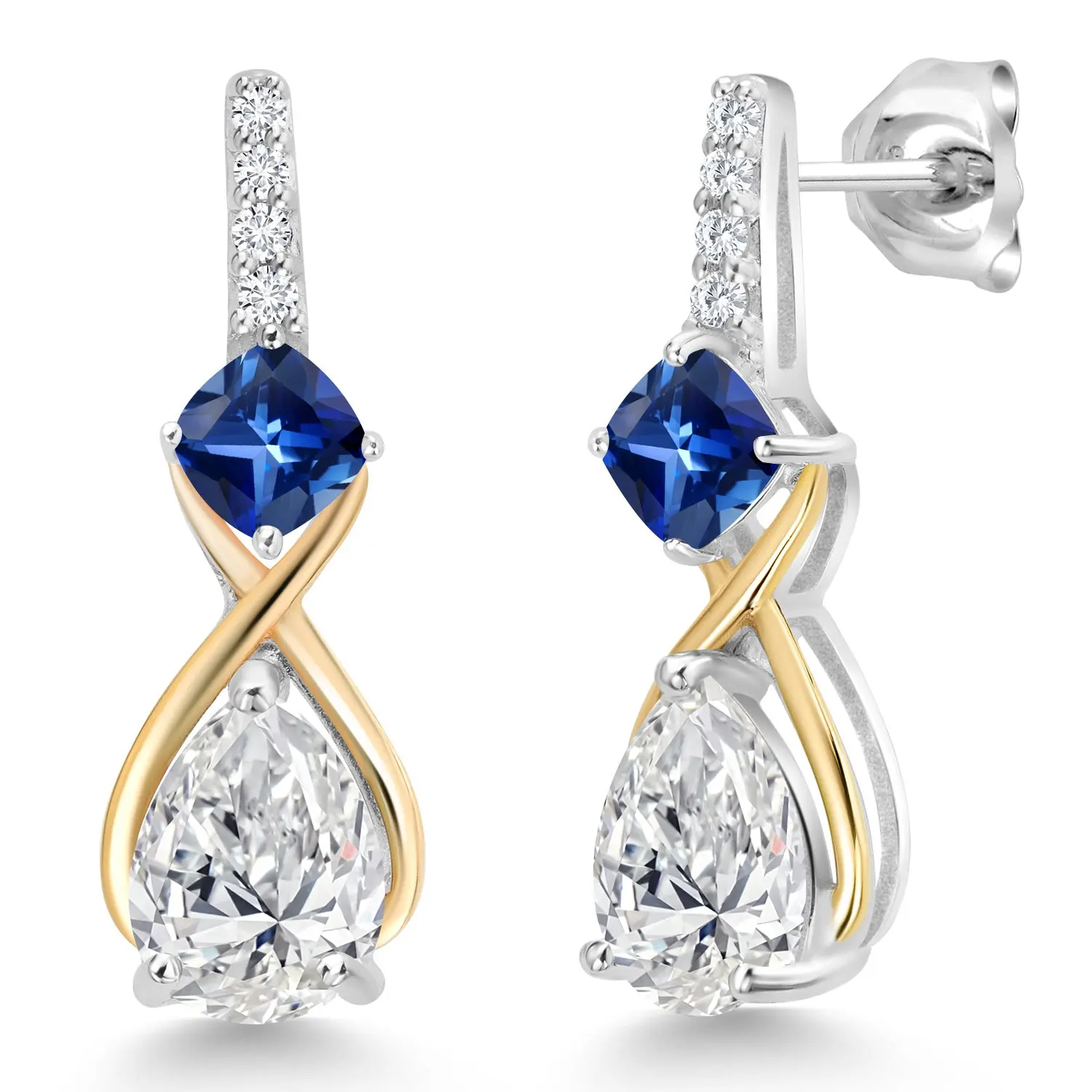 925 Sterling Silver & 10K Yellow Gold IGI Certified Lab Grown Diamond & Blue Created Sapphire Dangle Earrings For Women | 2.93 Cttw | Pear Shaped Diamonds Each 1 Ct | D-E Color | VS1-VS2 Clarity