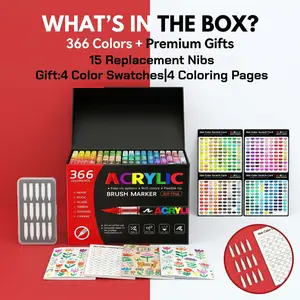 366 Acrylic Paint Markers with Elastic Brush Tip Quick-Drying Waterproof Ink Pens for Multi-Surface Rock Wood Ceramic Glass Canvas Plastic Metal Ideal Art Crafts Supplies Gift Set
