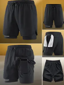 Men's Loose-Fit Double-Layer Anti-Exposure Polyester Blend Fitness Training Shorts, Drawstring Quick Drying Workout Running Shorts with Phone Pocket, Breathable All Black Mens Clothing Bottoms for Marathon Runs