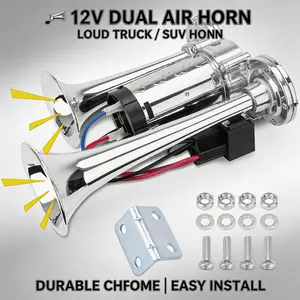2026 Upgrade Your Vehicle with 12V Silver Dual Trumpet Air Horn Set! Includes Compressor, Durable Chrome Design, Dependable Audible Warning, Fits Most Cars, Trucks, SUVs, Motorcycles, Boats. Easy Setup, Long-Lasting, Essential Safety Accessory