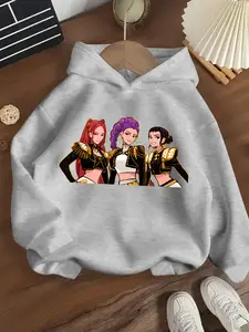 Girls' Spring & Fall Fashion Hoodie, Creative Anime Print Long Sleeve Pullover, Casual Comfortable Trendy Sweatshirt