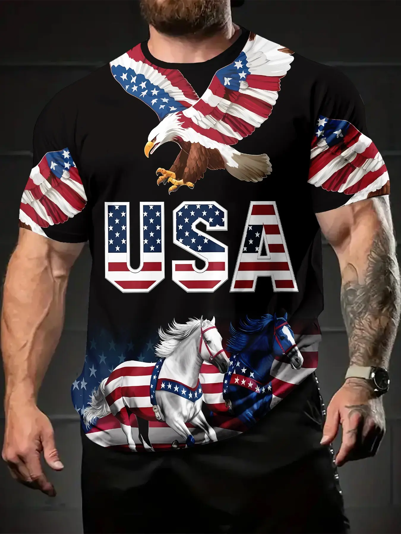 Independence Day USA letter bald eagle and galloping horse 3D digital printed T-shirt, classic streetwear casual and versatile sports Menswear men's crew neck short sleeve, suitable for daily wear, a perfect holiday gift for men