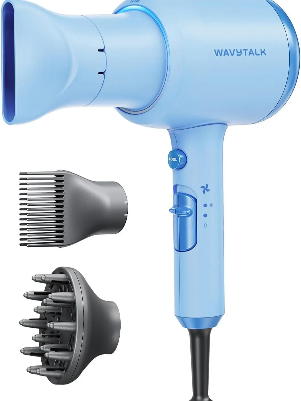 Wavytalk Blown Away Ionic Hair Dryer with Diffuser for Curly Hair | 1875W Fast Drying, 3 Attachments for All Hair Types, Ceramic Healthy Shine, Lightweight & Quiet (Light Blue)