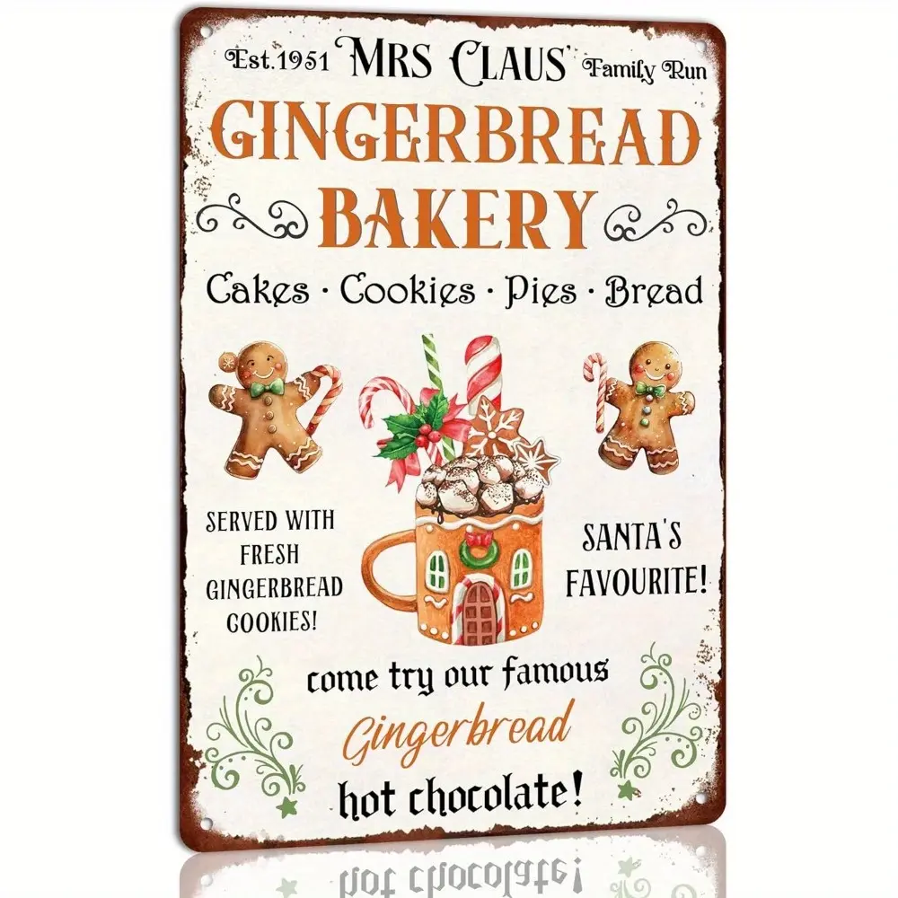 8x12 in Vintage Mrs Claus Gingerbread Bakery Metal Tin Sign - Rustic Retro Christmas Wall Decoration, Lightweight Baking Accent, Eco-Friendly Handmade Paint Element, Distressed Durable Easy-to-Hang Kitchen Farmhouse Gift (t-15), Painting, Family