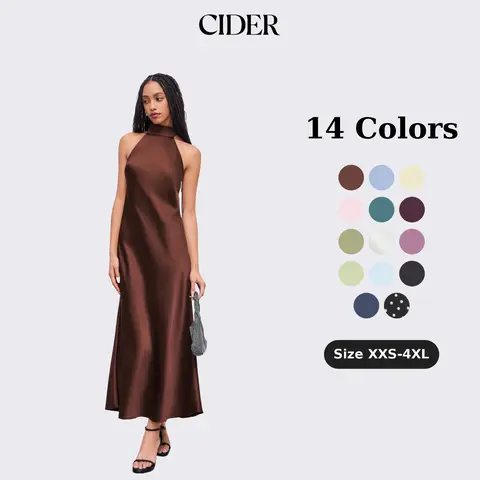 Cider Women's Elegant Elastane-Polyester Satin Polka Dot Maxi Dress - Sleeveless Halter Neck, Backless Fishtail Gown, Formal Wear for Wedding Guests (1XL-16/18, Elegant Formal Dresses)