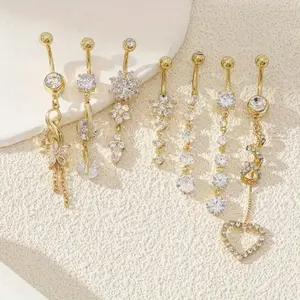 7pcs Exquisite Women Stainless Steel Belly Button Rings Set Sparkling Butterfly Synthetic Cubic Zirconia Inlay Flowers Pendant Navel Pins Bohemian Navel Rings Fashion Accessory