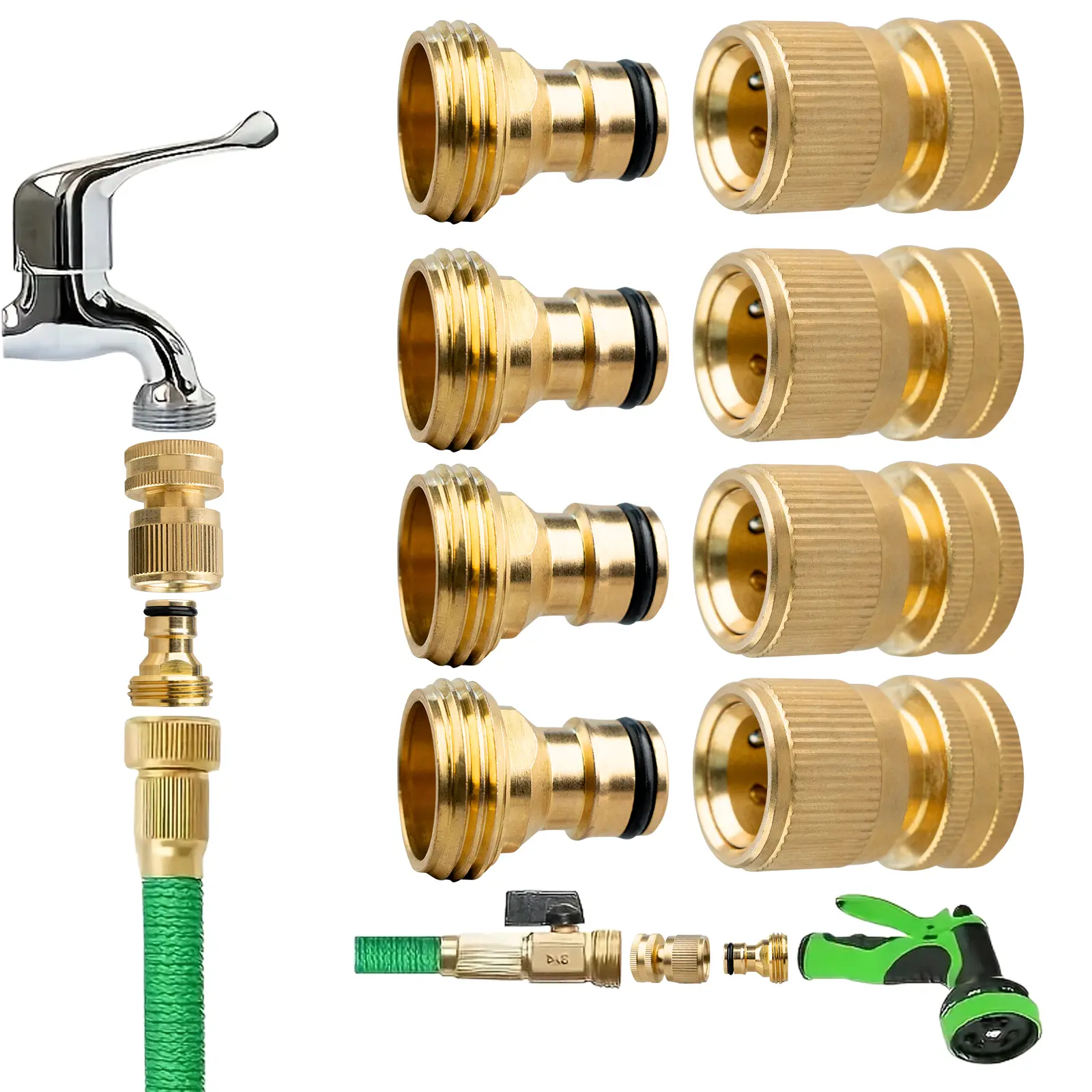3/4 Inch Brass Garden Hose Quick Connect Fittings, Heavy Duty Metal Water Hose Adapter Connector, Leak Proof Male Female Coupler for Outdoor Faucet, Lawn Garden Irrigation, Pressure Washer and Watering Accessories tiktok top seller