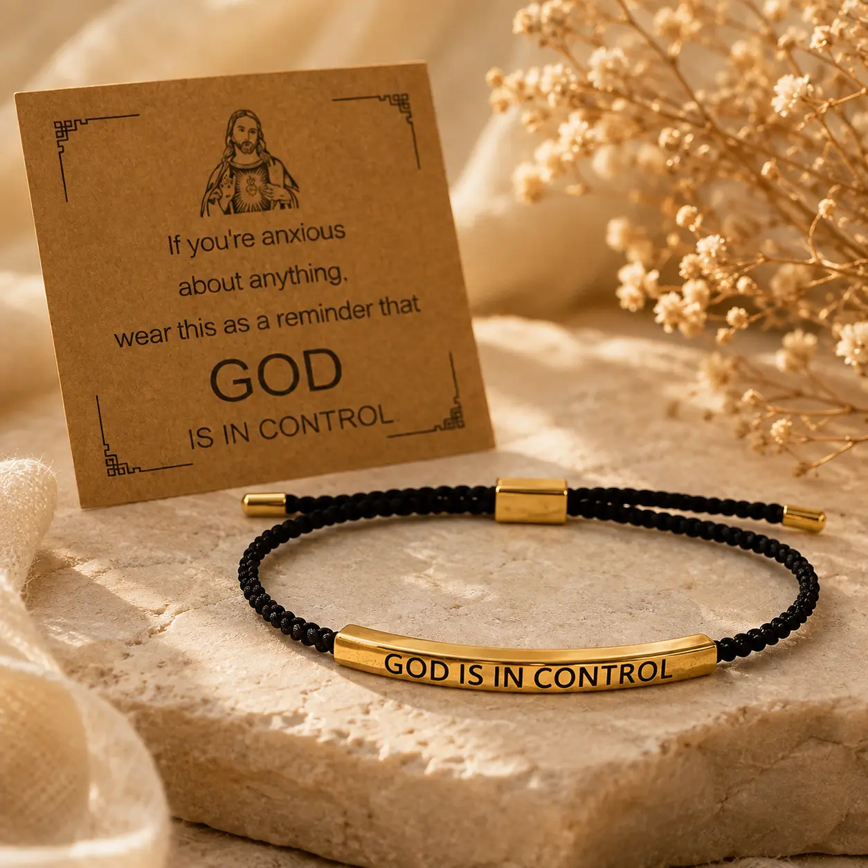 "GOD IS IN CONTROL" Adjustable Braided Bracelet, Gold-Tone Engraved Inspirational Bar Bracelet with Message Card, Meaningful Faith Jewelry Gift for Men Women, Christian Gifts for Family Friends