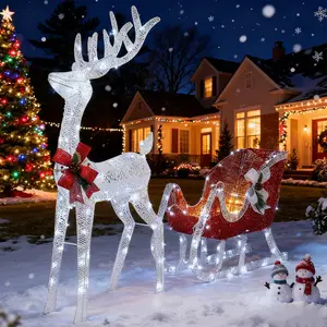 4ft LED Reindeer & Sleigh Set, Red/White Christmas Light Show Waterproof Outdoor Yard Display, Easy 5-Min Setup, Decorative Ornament Courtyard Decoration Christmas Home Decor