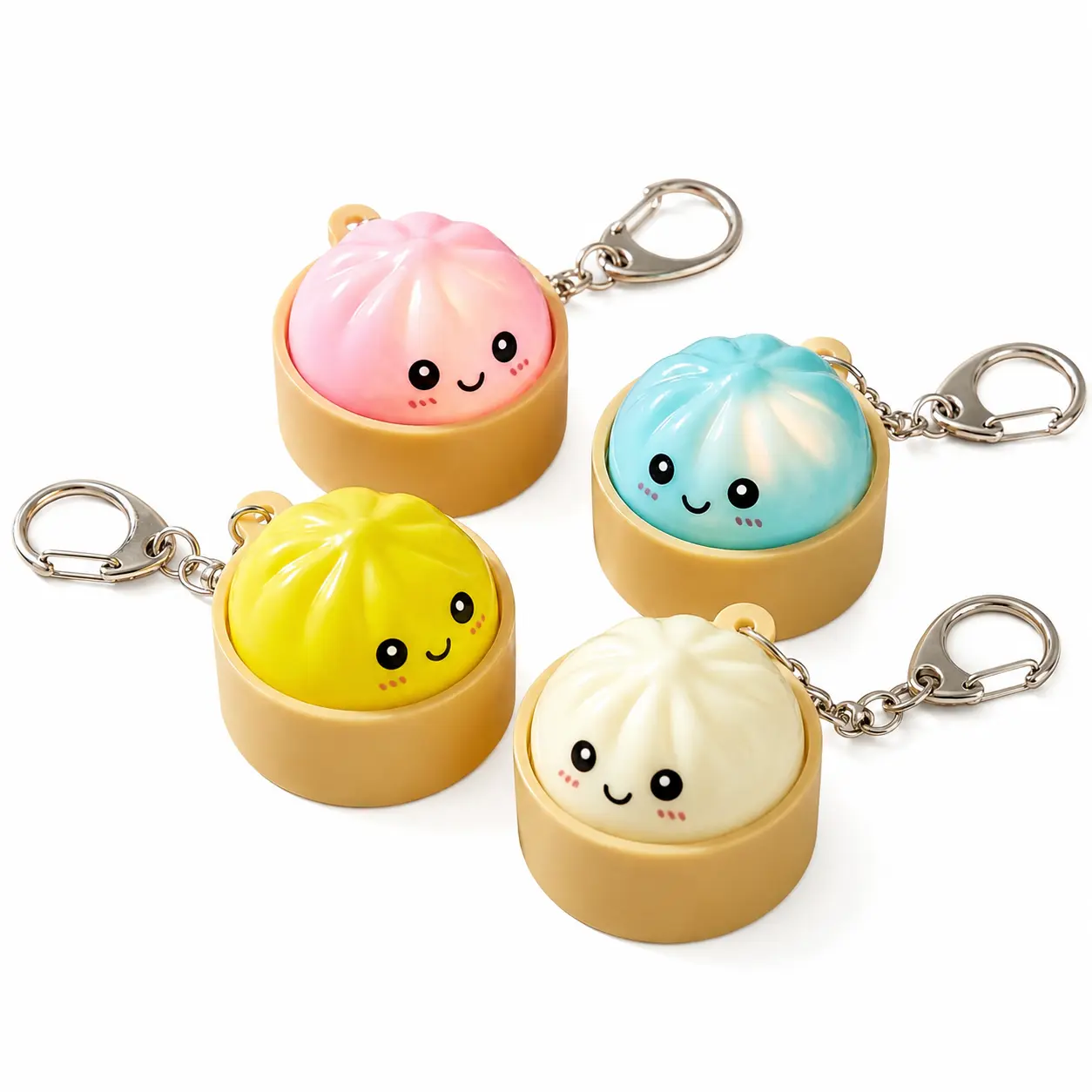 Light Up Dumpling Keychain Set - Unisex LED Lights Charm with Mini Steamer Case, Kawaii Purse & Bag Accessory, Glowing Effect Gift Idea, Facial Expression