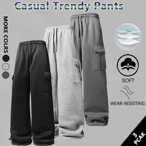 Men's solid color loose straight leg trousers, casual loose pockets with drawstring design, lightweight and soft, suitable for everyday wear, autumn and winter, commuting, sports and fitness, street style and other occasions.