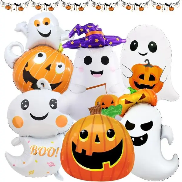 Halloween Aluminium Ghost & Pumpkin Foil Balloons Set, Spooky Festive Party Decorations, Indoor-Outdoor Photo Props