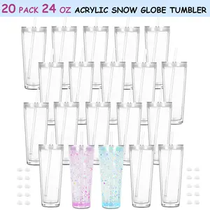 16/24 Oz Acrylic Snowglobe Tumbler Blank, Double Wall Clear Tumbler with Pre-drilled Hole, 20 Pack