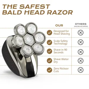 Electric Head & Body Hair Shaver for Men, Cordless Rechargeable Wet/Dry Waterproof Razor with Rotary Blades, Nose Trimmer, Clippers, Cleaning Brush and Massager