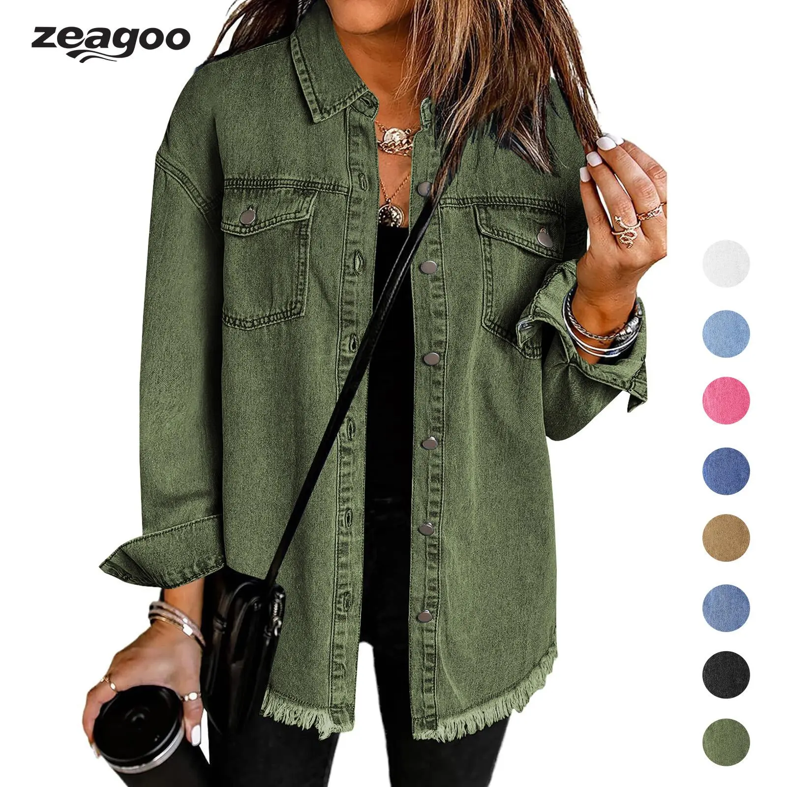 Zeagoo Women's Ripped Fringe Denim Jean Jacket, Casual Long-Sleeve Oversize Coat with Pockets, Soft Fabric Fashion Womenswear for Back-to-School, Army Green