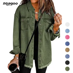 Zeagoo Women's Ripped Fringe Denim Jean Jacket, Casual Long-Sleeve Oversize Coat with Pockets, Soft Fabric Fashion Womenswear for Back-to-School, Army Green