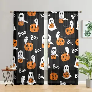 1 set of 2, cute Halloween curtains, ghost pumpkin design, semi transparent polyester fiber, easy to install living room and bedroom, study room, kitchen, coffee shop, holiday home decoration curtains, anti privacy, easy to clean.