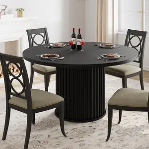 47 in Round Dining Table for 4-6 People, Black Dining Room Table with Sturdy Waveform Metal Pedestal Base, Industrial Circle Kitchen Table for Dining Room, Kitchen