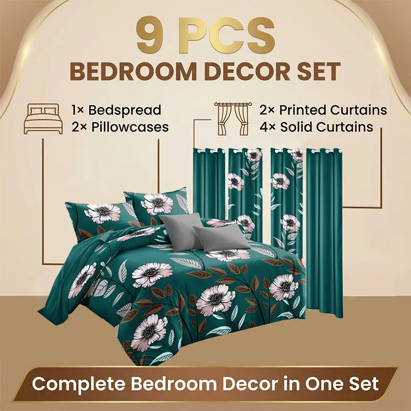 Vintage Dark Green Floral Bedding & Curtain 9PCS All-In-1 Bedroom Decor Kit, Whimsical Home Decor, Floral Bedding for House, Room Use