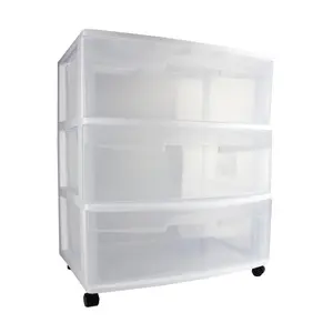 Sterilite Wide 3 Drawer Rolling Storage Cart Container, Clear with White Frame Lightweight Organiser