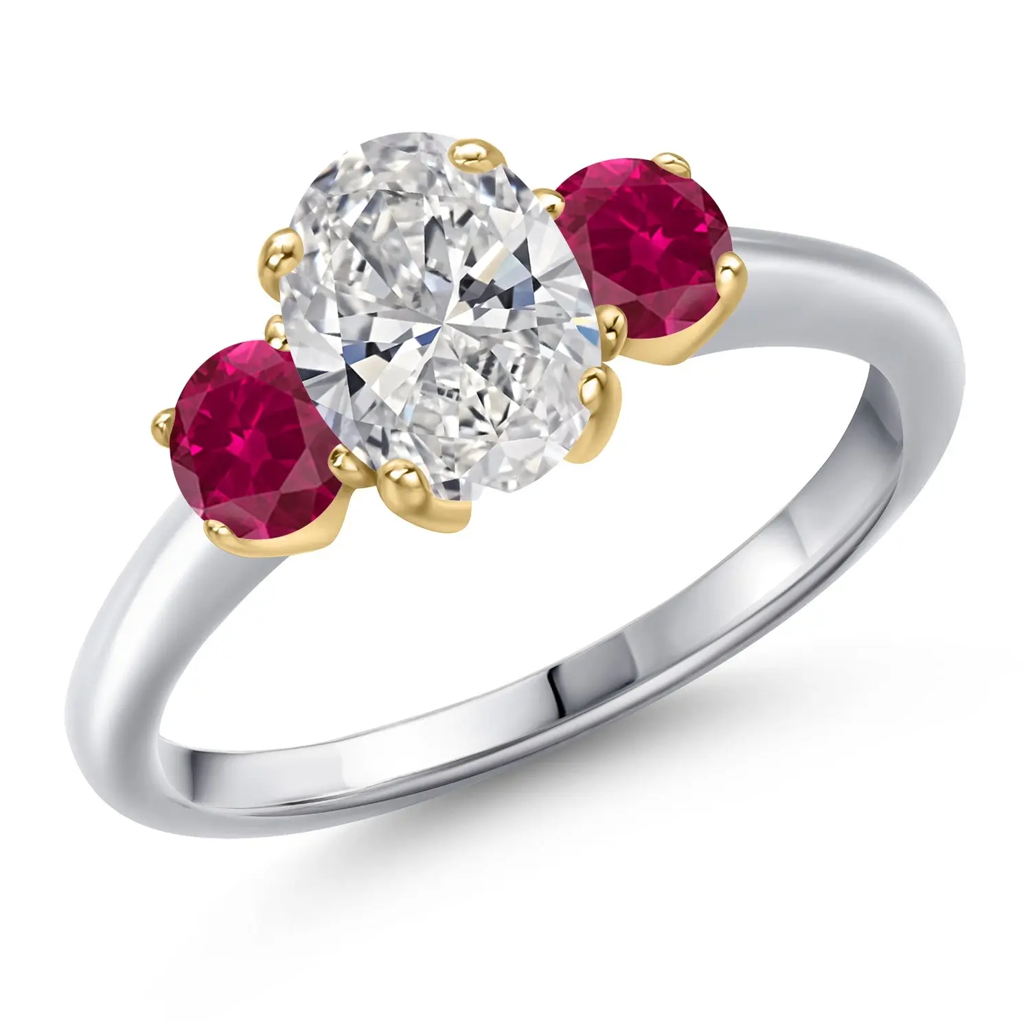 Gem Stone King 1.50cttw 10 Karat White Gold IGI Certified Oval Center Lab Grown Diamond & Red Created Ruby 3-Stone Diamond and Ruby Engagement Ring, D-E Color, VS1-VS2 Clarity, Female Ring, Anniversary Gift, Mother's Day Gift