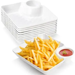 10-Piece Plastic Chips and Dip Serving Plates Set – White Divided Snack Platters with Dipping Saucer for Appetizers, Sushi, Tacos, Salsa, Charcuterie, Reusable Party & Kitchen Tableware