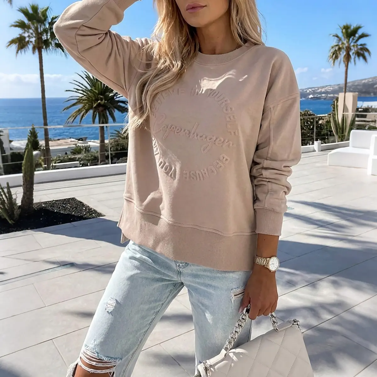 CHICME Women's Oversized Fall Loose Crewneck Sweatshirt Embossed Letter Print Pullover Top Casual Side Slit Top for BacktoSchool