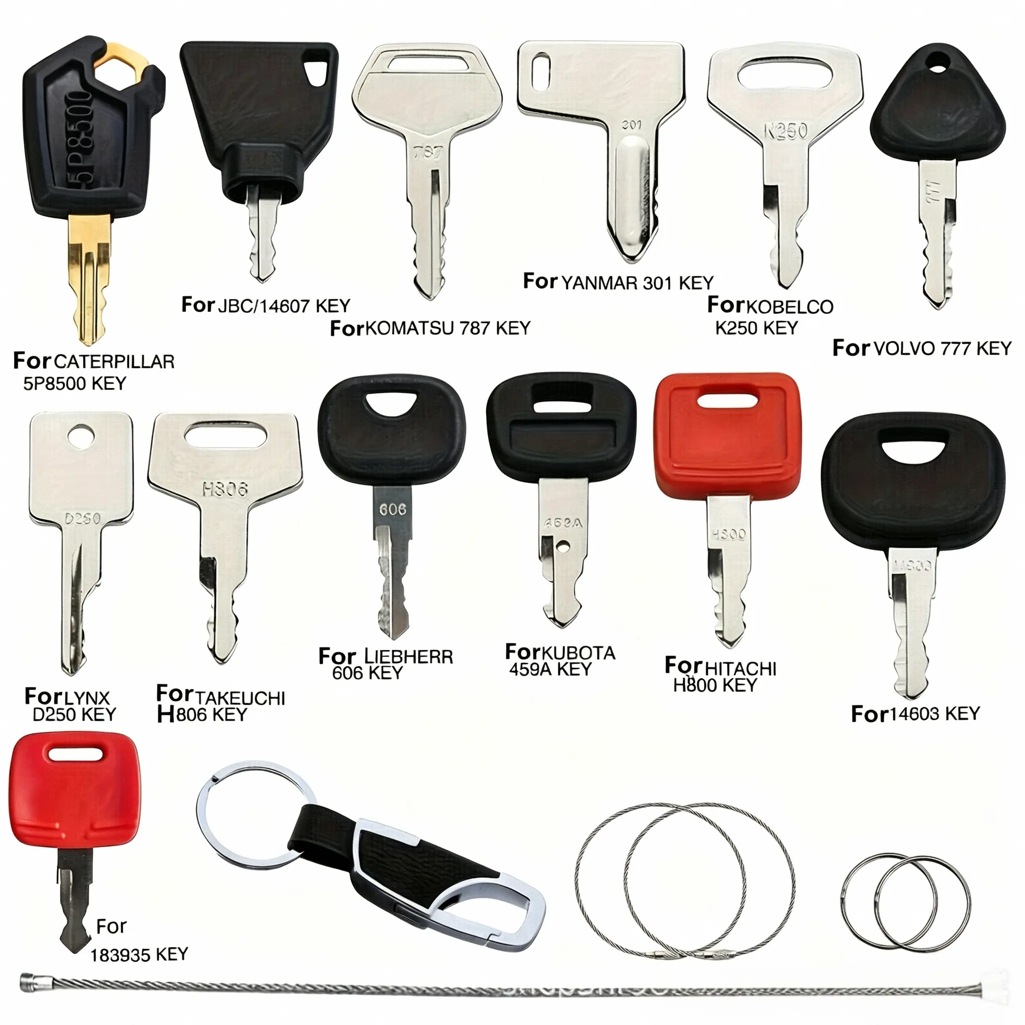 13PCS Heavy Equipment Keys Master Set, Replacement Construction Ignition Keys forCATERPILLAR 5P8500, JBC/14607, KOMATSU 787, YANMAR 301, KOBELCO K250, VOLVO 777, LYNX D250, TAKEUCHI H806, LIEBHERR 606, KUBOTA 459A, HITACHI H800, 14603, 183935