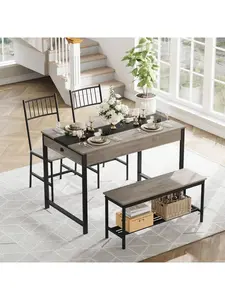 Home Dining Table Set For 4 Small Kitchen Table And 2 Chairs For 4 With Bench Space Saving Kitchen Table Set With Storage Rack and Drawers Breakfast Nook Rectangular Farmhouse Table Set