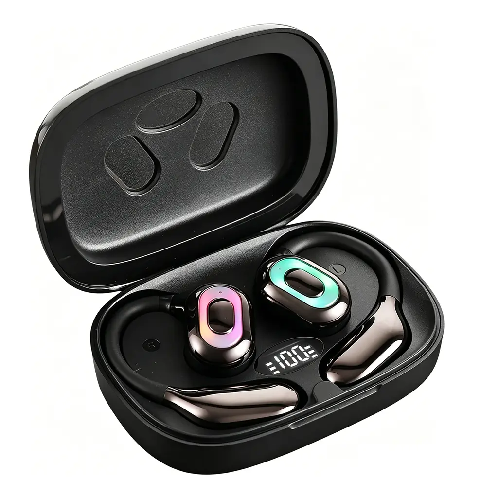 Open Ear Earbuds Support 169 languages No Subscription,Over Ear Earbuds with Earhook,Bluetooth Headphones 5.4 with Smart Digital Display,45H Playtime,IPX6 Waterproof,Touch Control Operate Fit Cycling,Running,Workout with LED Safety Light