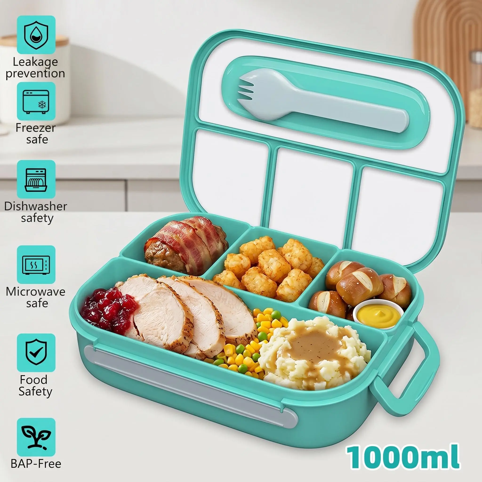 【DealsForYouDays】3-in-1 Kids Bento Lunch Box, 1000ml BPA-Free Leakproof 4-Compartment Reusable Food Container with Spoon, Portable for School & Travel