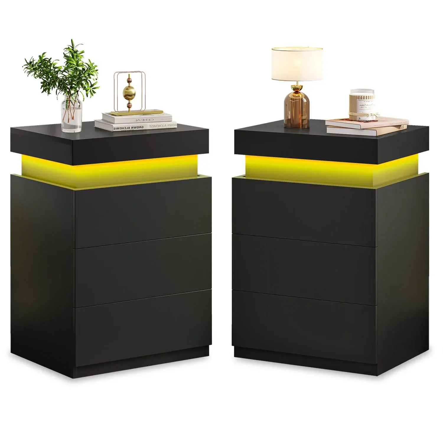 2PCS Nightstand with LED Lights Charging Station Black