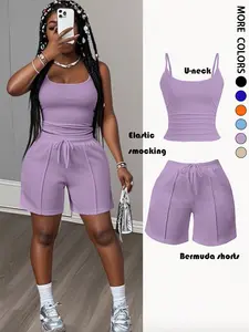 2pcs/Set Women's Summer Casual Basic Sports Style U-Neck Suspender Vest With Tooth Strips Decorative Sweatpants，Women's Solid Color Set, Comfortable Daily Wear, Perfect for All Seasons, Stylish and Versatile